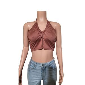 Blashe women's v-neck tie back halter brown cropped top L